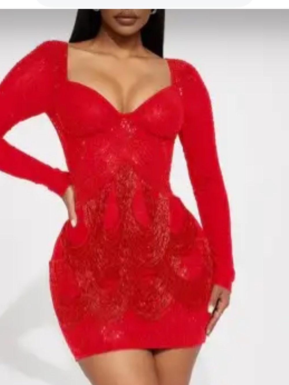 Fashion Nova Red Long-Sleeve Embellished mini sequin Dress